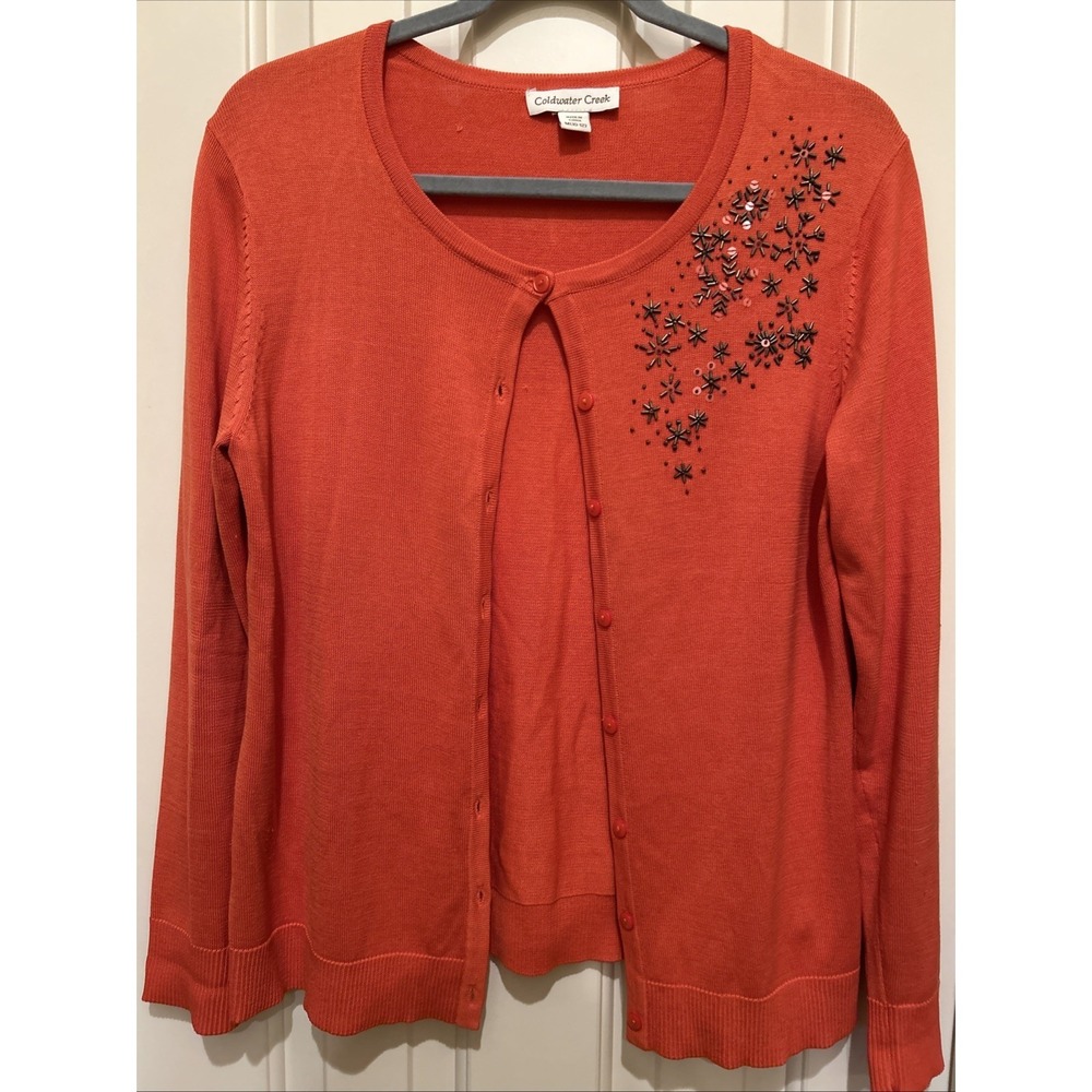 Coldwater Creek Women's Beaded‎ Coral Silk Blend Cardigan Sweater Size M 10/12